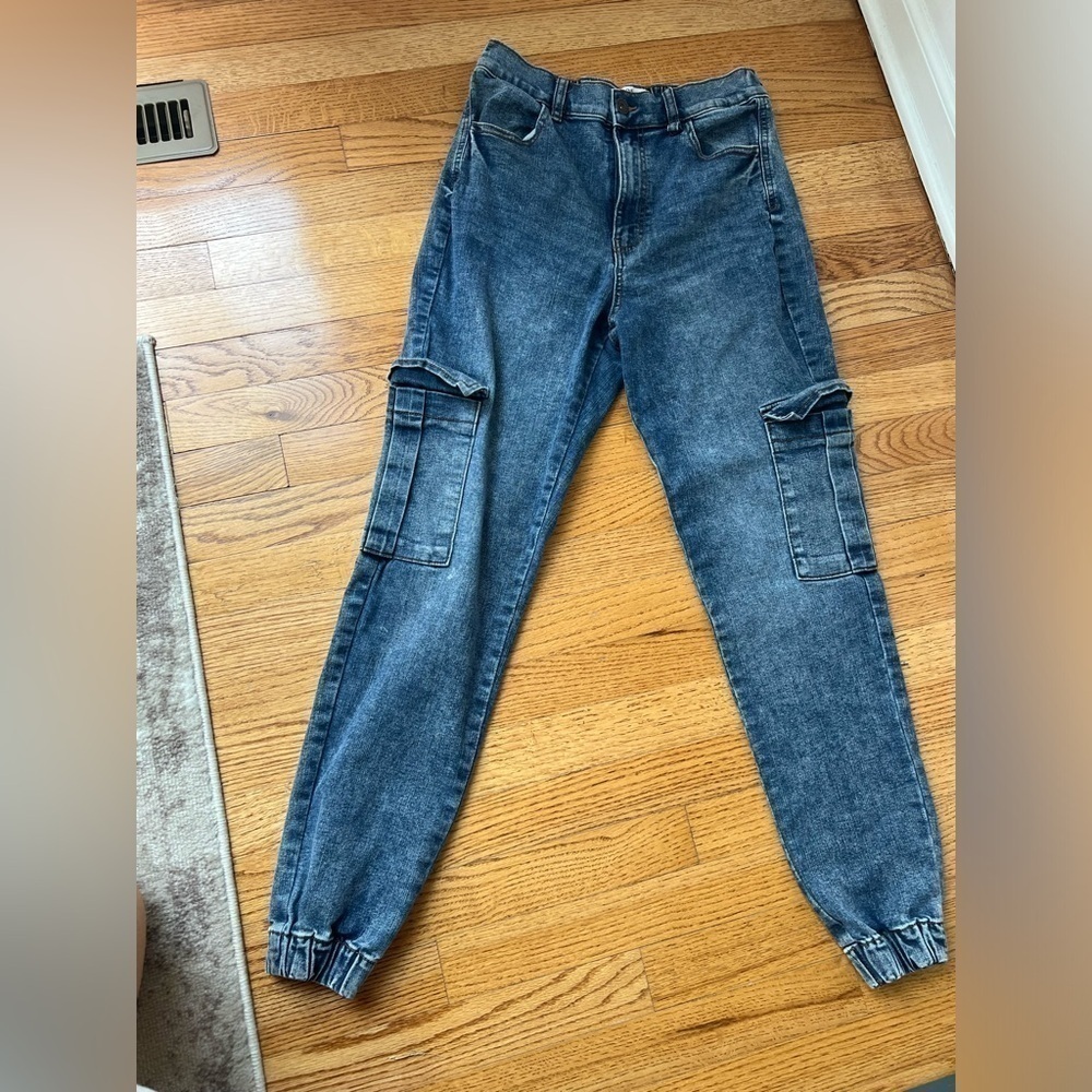 Ardene High Rise Cargo Denim Joggers Barrel Pants Size Small - Picture 2 of 5